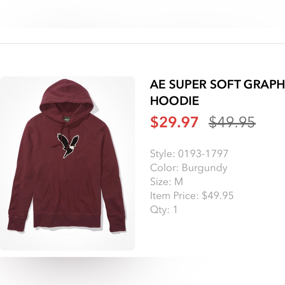 American Eagle men’s Burgundy AE super soft graphic  hoodie size medium